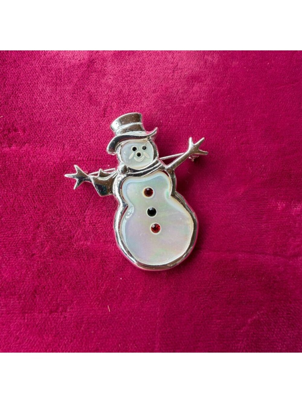 Vintage 925 Sterling Silver Snowman Brooch Mother Of Pearl Holiday Christmas Pin